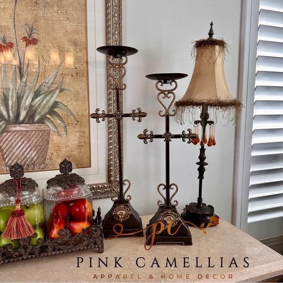 Bronze Fleur de Lis Candle Holder with Intricate Scrollwork